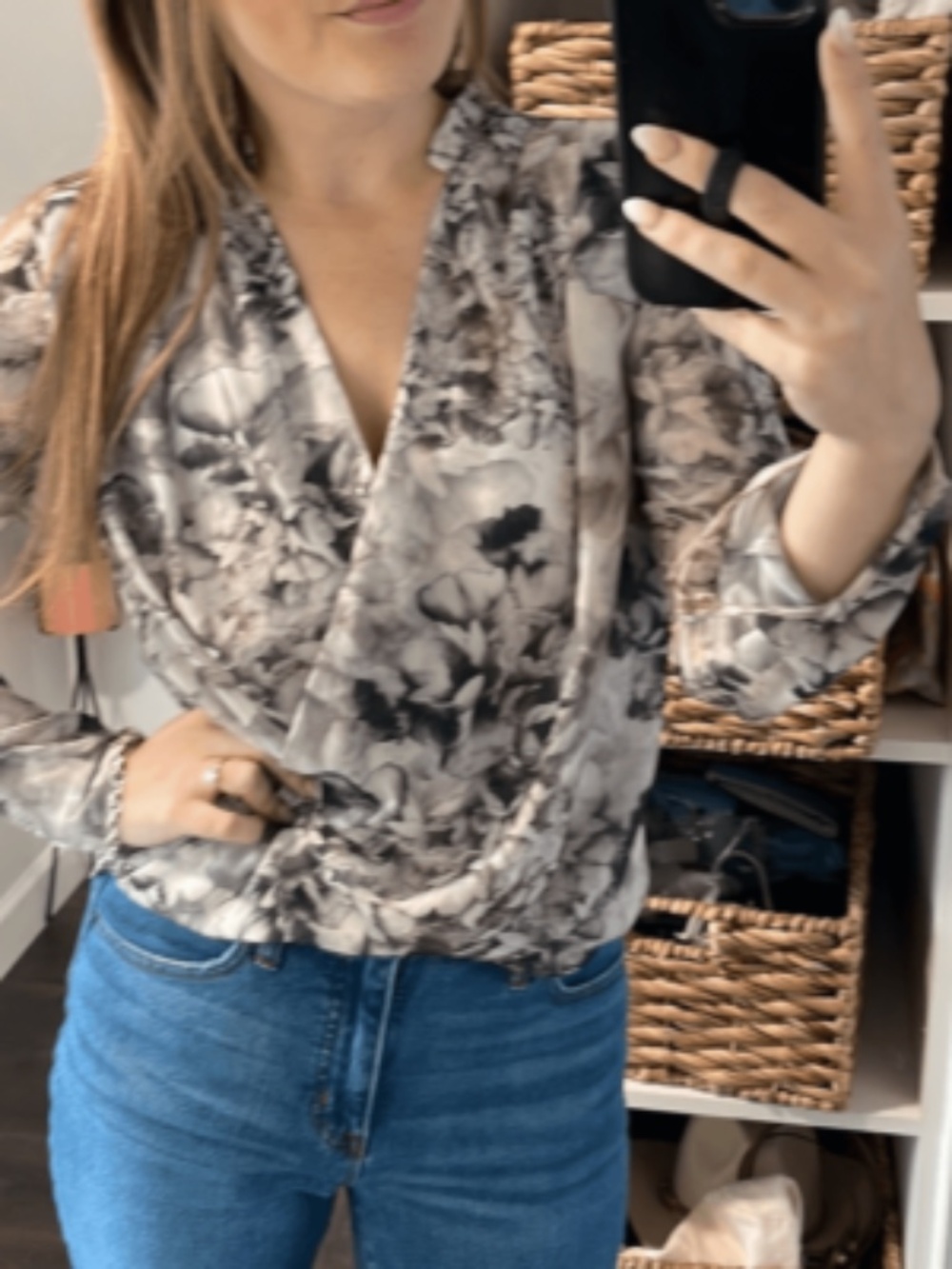 H&M gray and white floral wrap blouse